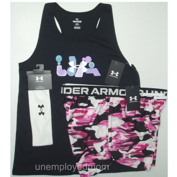 Under Armour Shorts Tank Top Tie Headband Youth Girls Sport Athletic Tee Shirt
